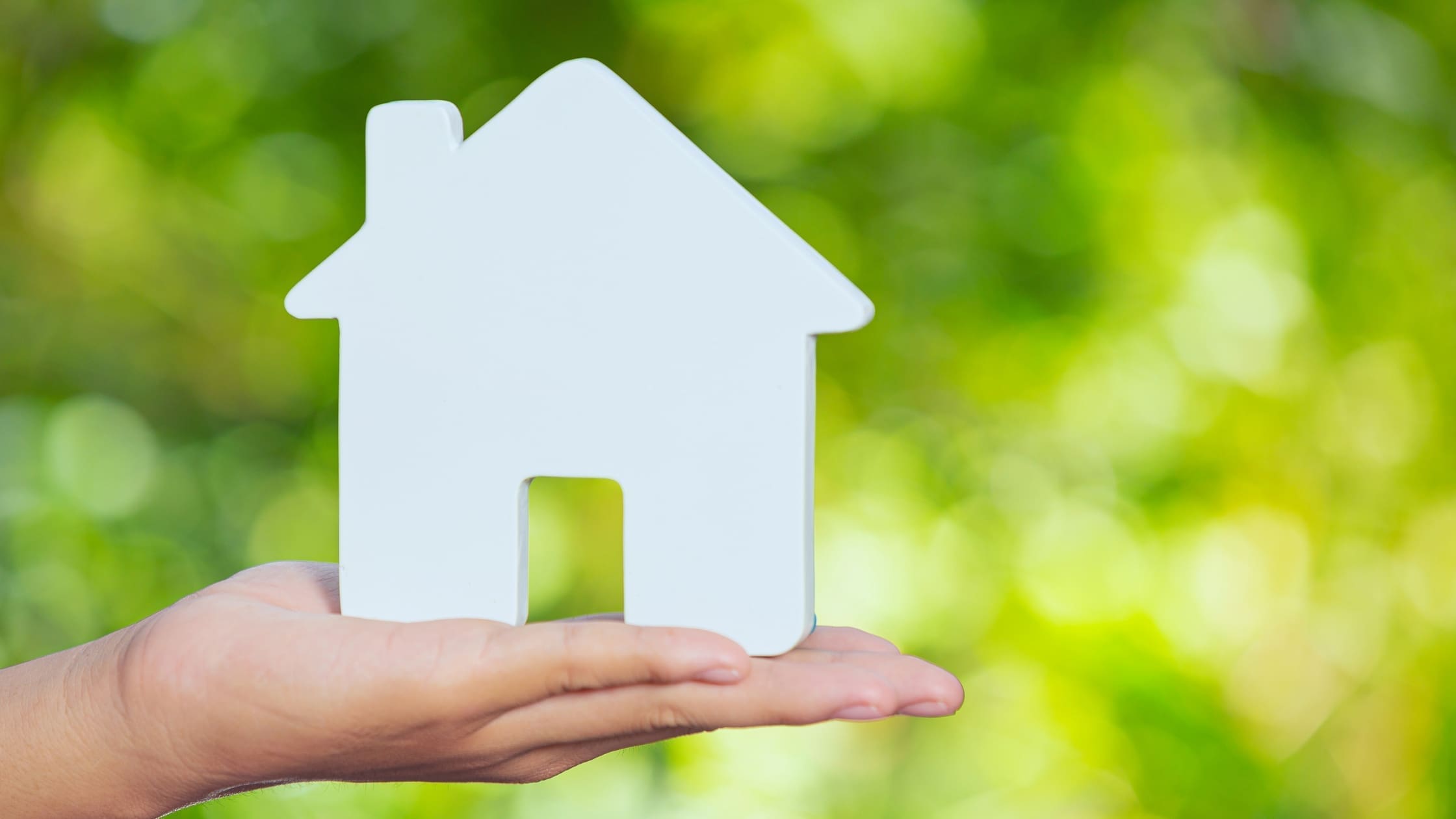 Hand holding a house in front of trees.